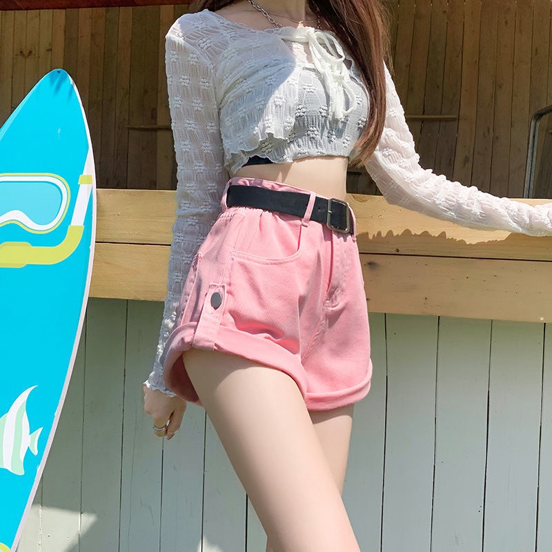 Jiashucheng Quần Short Denim Lưng Cao Ống Rộng Co Giãn Thời Trang Dành Cho Nữ