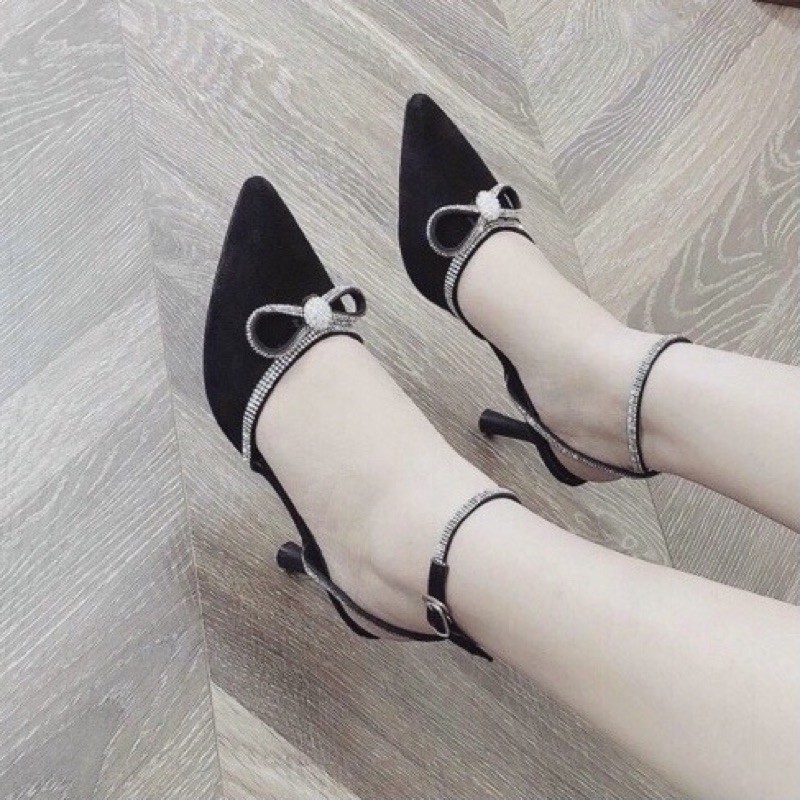 [Freeship] Giày cao gót 7cm nơ đá chất da lộn