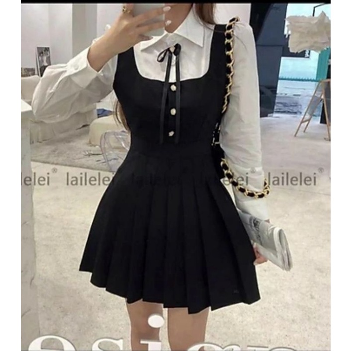 Đầm Tiểu Thư tay dài phối yếm tùng xếp ly🎀Hàng QC