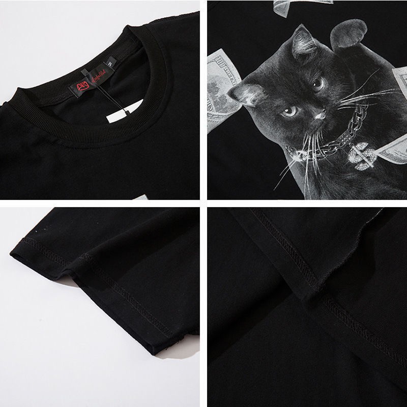 Áo Thun Tay Lỡ Dáng Rộng In Hình Mèo May Mắn Phong Cách Hip Hop Đường Phố Âu Mỹ Cho Cặp Đôi