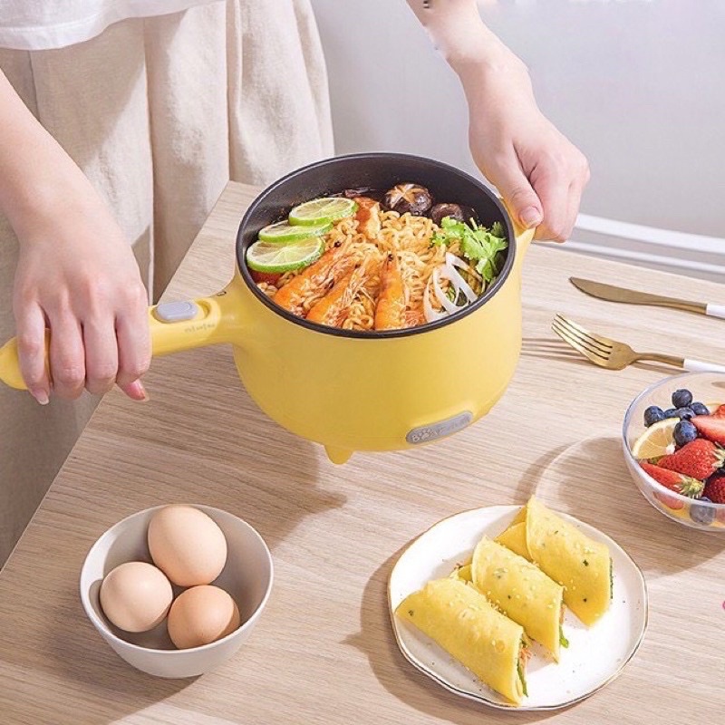 Nồi điện mini đa năng, ca nấu mỳ, chiên xào lẩu hấp Bear màu vàng,  bảo hành 1 năm.