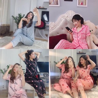 Bộ pijama lụa quần dài áo cộc - bộ mặc nhà - bộ lụa satin