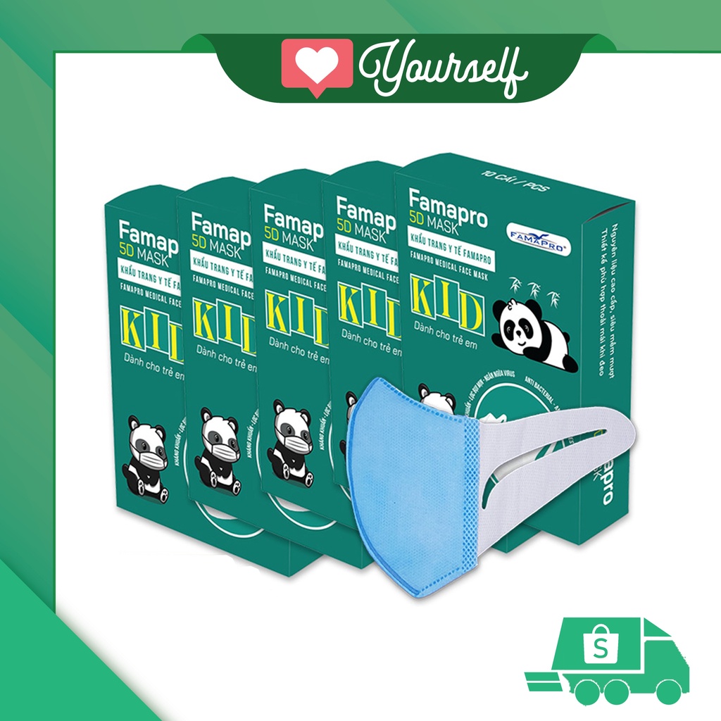 [5D KIDS QUAI VẢI] - COMBO 5 - Khẩu trang y tế trẻ em kháng khuẩn 3 lớp Famapro 5D Mask Kid (10 cái/hộp)