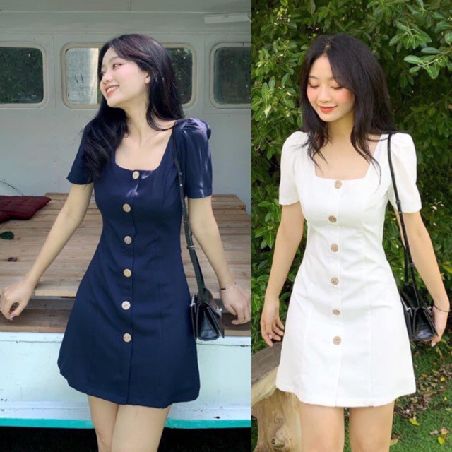 phong cách Hàn Quốc Đầm cổ vuông 6 nút gỗ