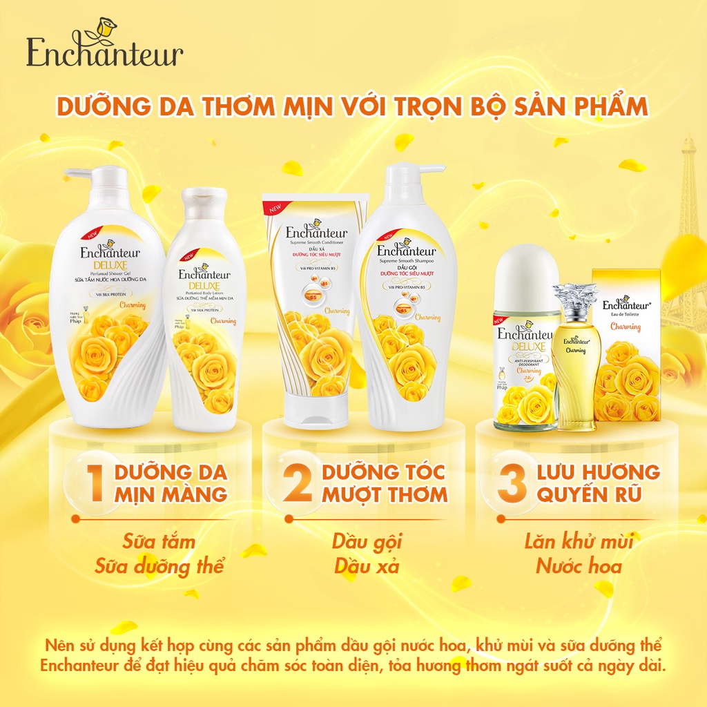 Combo Sữa Tắm Trắng Và Dưỡng Ẩm Có Hạt Enchanteur Charming 650Gr và Dầu Gội Nước Hoa Enchanteur Charming 650Gr