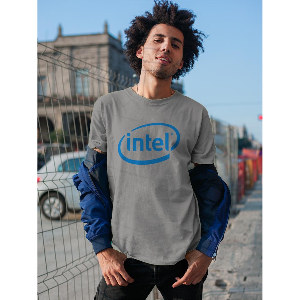 Áo thun in hình tập đoàn Intel màu xanh