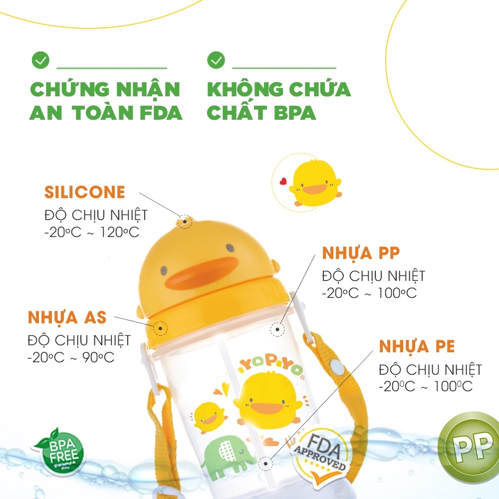 Bình nước cho bé đi học có dây đeo Piyo Piyo 350ml, nắp trượt để mở, ống hút ngăn tràn