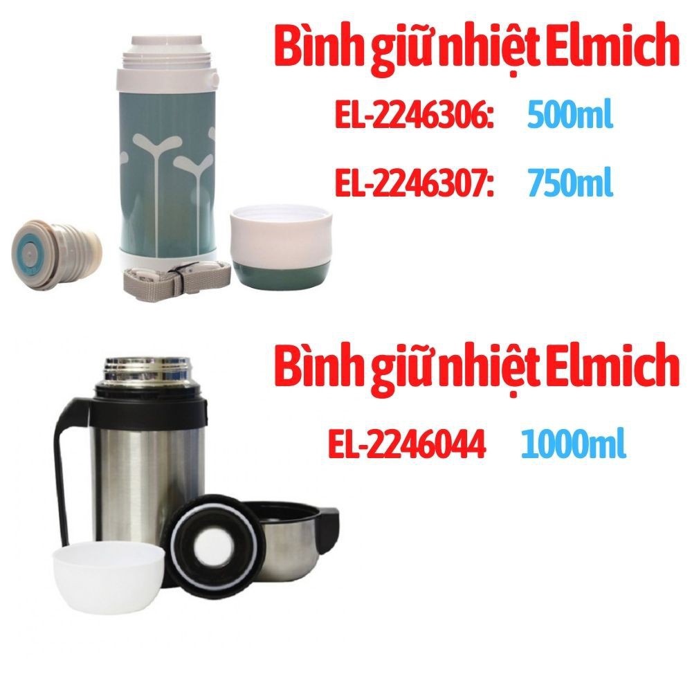 [Giảm giá thần tốc] Bình giữ nhiệt hiệu quả inox 304 thiết kế 3 lớp Elmich chính hãng 500ml, 750ml, 800ml, 1000ml, 1200m