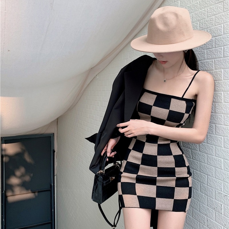 Đầm Dệt Kim Ôm Dáng Hai Dây Họa Tiết Kẻ Ô Thời Trang Đường Phố Cho Nữ