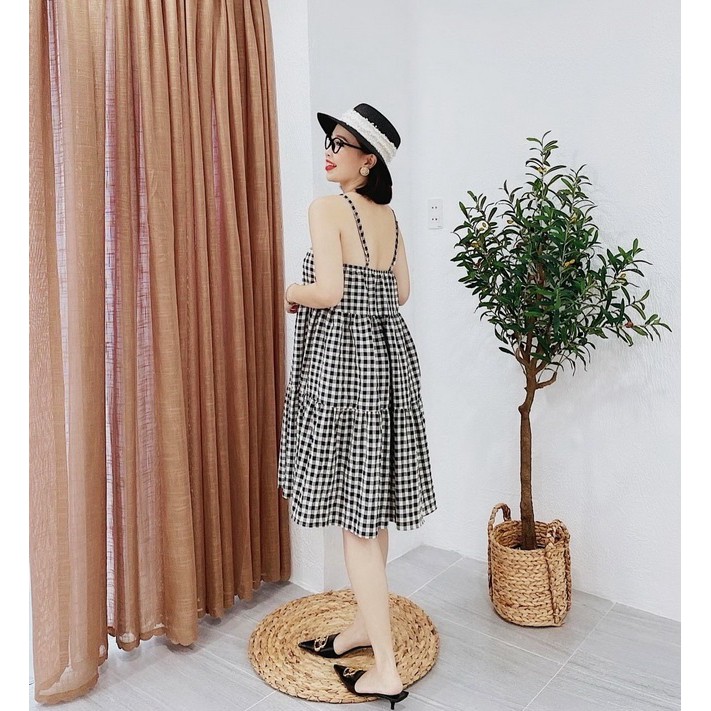 Đầm suông xòe nhẹ form babydoll caro cổ yếm đi chơi | đi biển | du lịch cực dễ thương