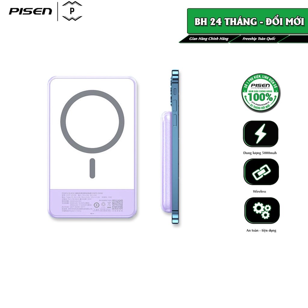 Sạc dự phòng không dây Pisen C03PD 5000mAh, sạc nhanh công suất 20W, nhỏ gọn, bảo hành 24 tháng - Hàng chính hãng