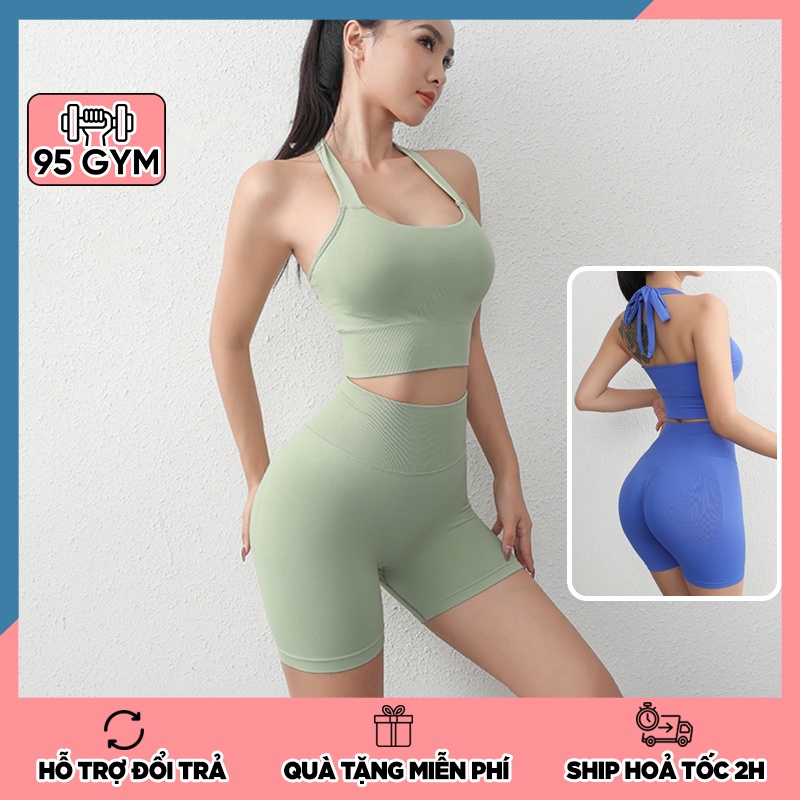 Set bộ đồ tập gym yoga nữ 95GYM SET34 gồm áo bra cổ yếm buộc dây và quần đùi short cạp cao có chun mông chất dệt