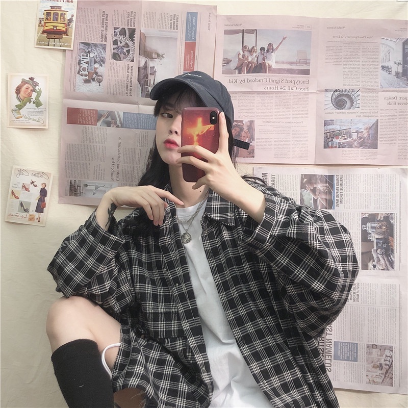 A011 Áo sơ mi kẻ caro oversize nam nữ vintage dài tay ulzzang, áo khoác chống nắng cỡ rộng tay phồng phong cách Hàn Quốc | BigBuy360 - bigbuy360.vn