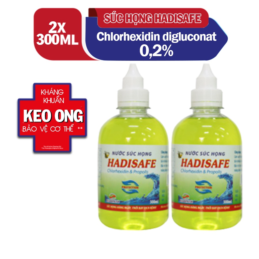 Combo 2 nước súc họng Hadisafe chứa Chlorhexidine 0.12% sát khuẩn vùng họng, ngăn ngừa sự xâm nhập của vi khuẩn