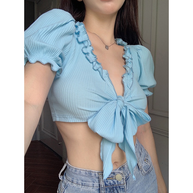 Áo Croptop cột nơ ngực cuốn biên buộc nơ trước - AK0017 | steven.factory