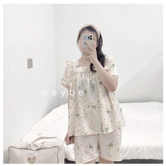 Bộ bầu sau sinh hoa nhí _Bộ Đũi Lanh cộc tay mùa hè có chun chỉnh tiện lợi có khóa mở ngực cho bé ti .