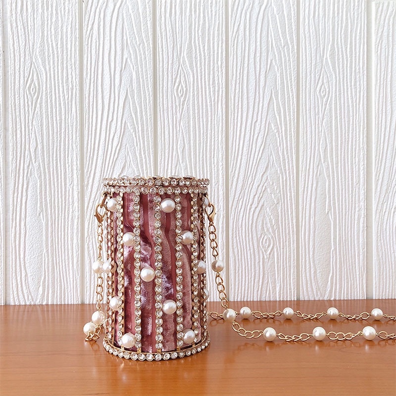 Túi dự tiệc đính đá dáng trống đứng nắp khoá nam châm cá tính