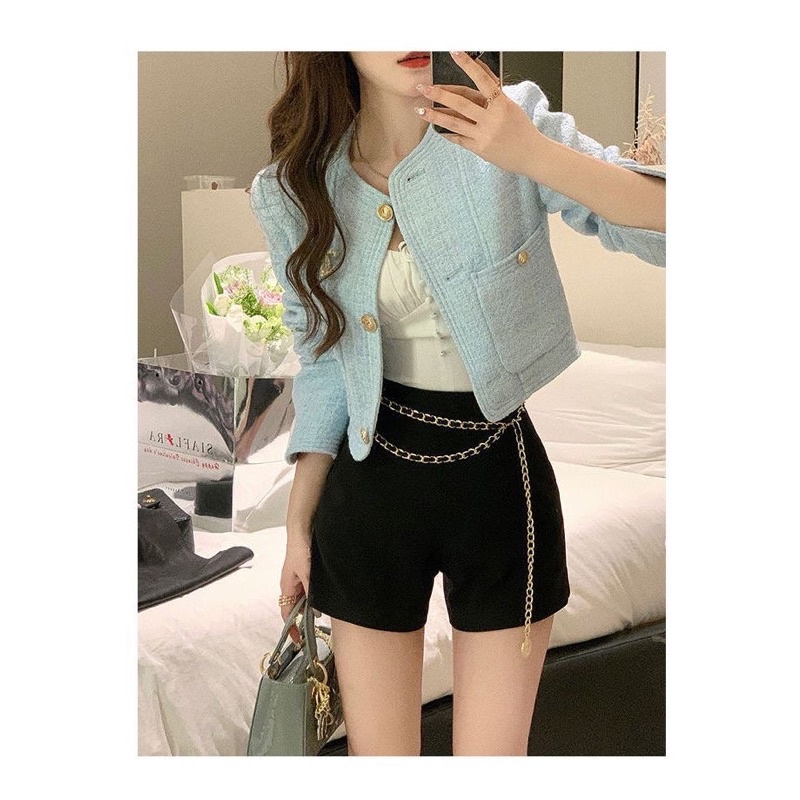 Áo khoác dạ tweed dáng croptop cổ tròn cúc mạ quagr châu 2 lớp