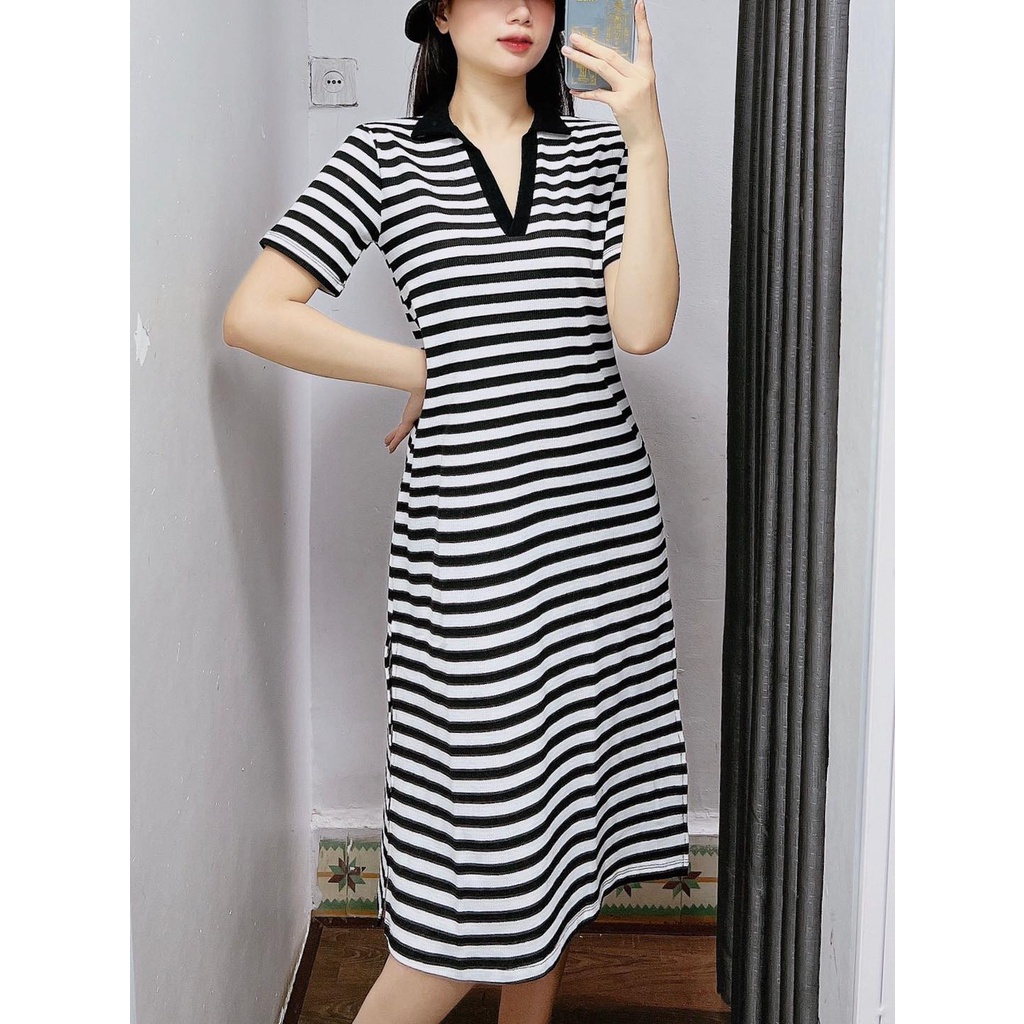Váy body kẻ suông sọc trắng đen chữ A nữ chất vải len dệt đanh đẹp