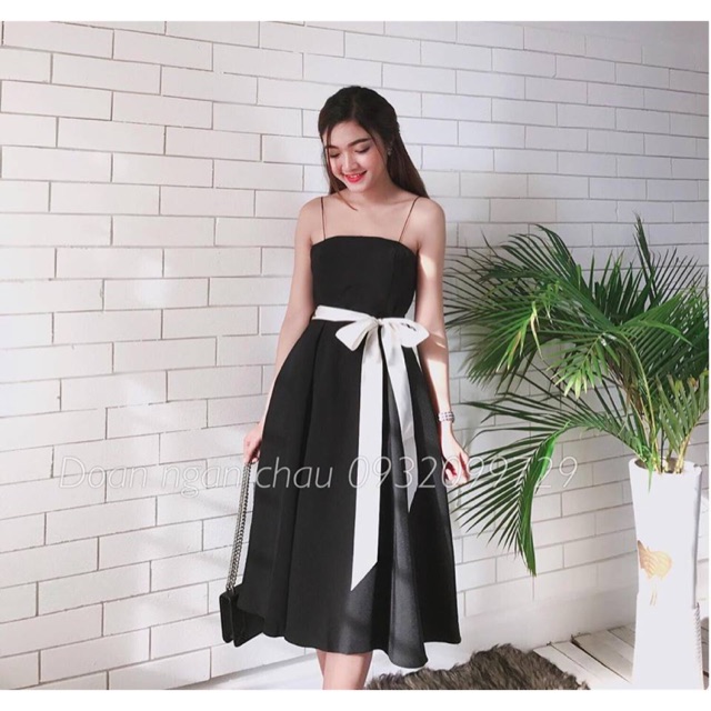 Đầm dự tiệc sang trọng, Đầm xoè tiểu thư, Đầm hai dây, Đầm đen phối dây eo trắng, Đầm đi tiệc nổi bật