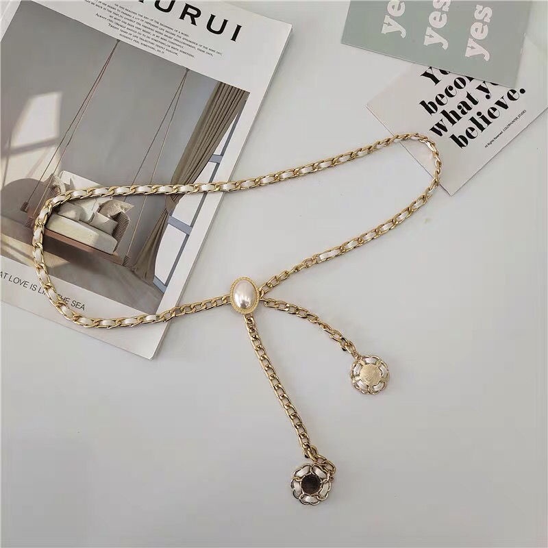 Dây thắt lưng vải dệt đính hạt ngọc trai phong cách Hàn Quốc thời trang dành cho nữ