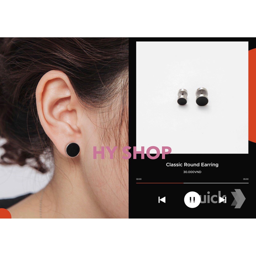khuyên tai titan dáng tròn khảm đá đen (nút vặn) không dị ứng