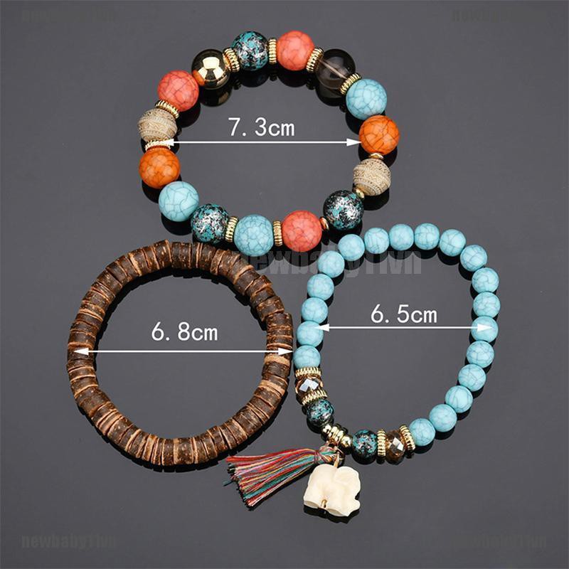 Set 3 vòng tay chuỗi hạt phối tua rua mặt dây hình voi phong cách Bohemian quyến rũ