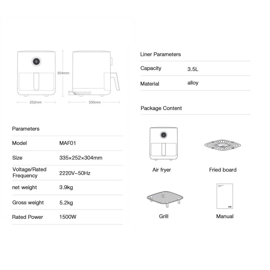 Nồi Chiên Không Dầu minh Xiaomi mijia Air Fryer Dung Tích 3.5L Công Suất 1500W Chế Biến Được Tất Cả Các Món