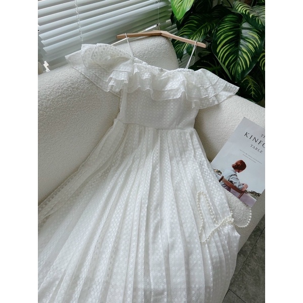 Đầm maxi đi biển, dự tiệc, trễ vai phối ren hình thật