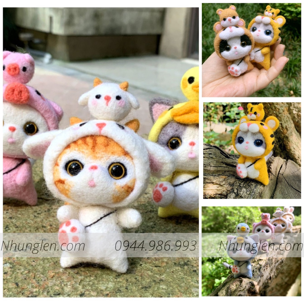 Bộ len chọc Mèo Mũm Mĩm có hướng dẫn làm quà tặng ý nghĩa. Needle felting cat