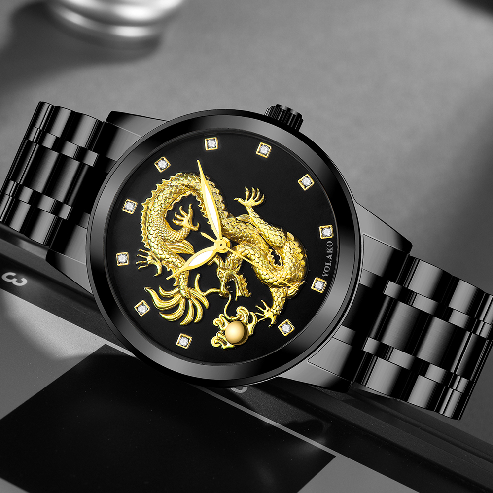 Men Business Watch Fashion Rhinestone Dragon Stainless Steel Wristwatches