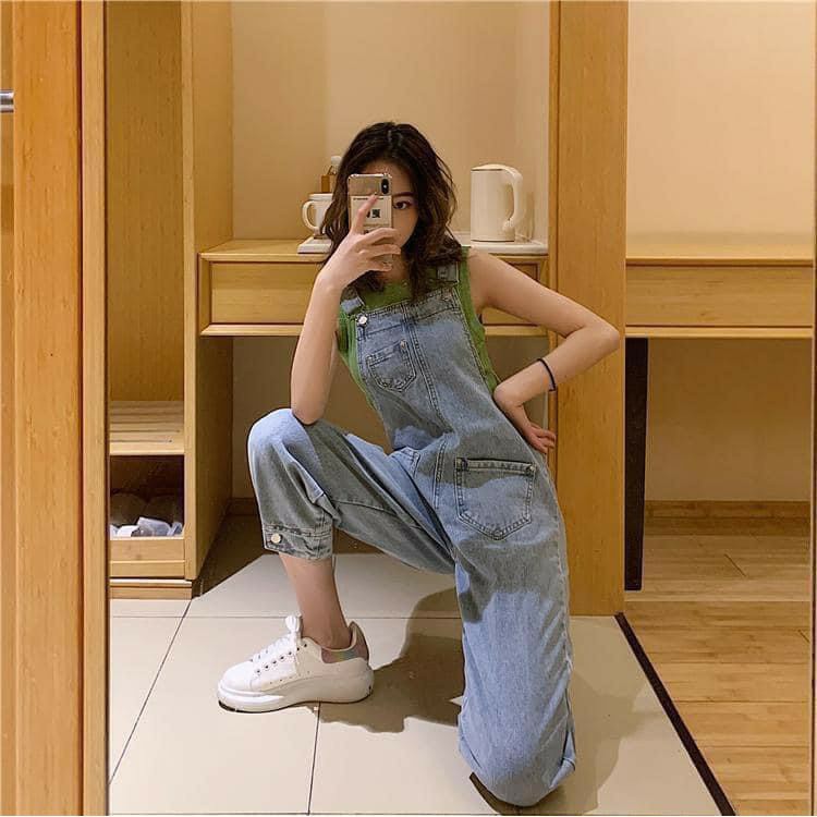 Quần Yếm jeans Dài Nữ Chất Bò Phối Túi Kèm Cúc Chân Cực Xinh - 400