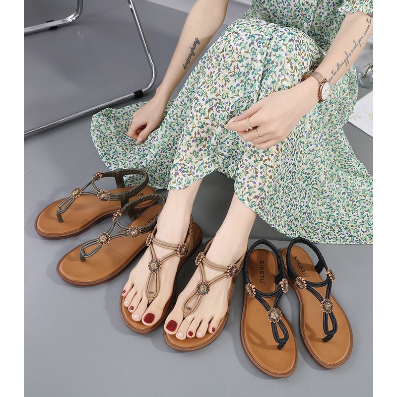 Giày sandal xỏ ngón Siketu quai dây mảnh, đế bằng chống trượt cao 2cm