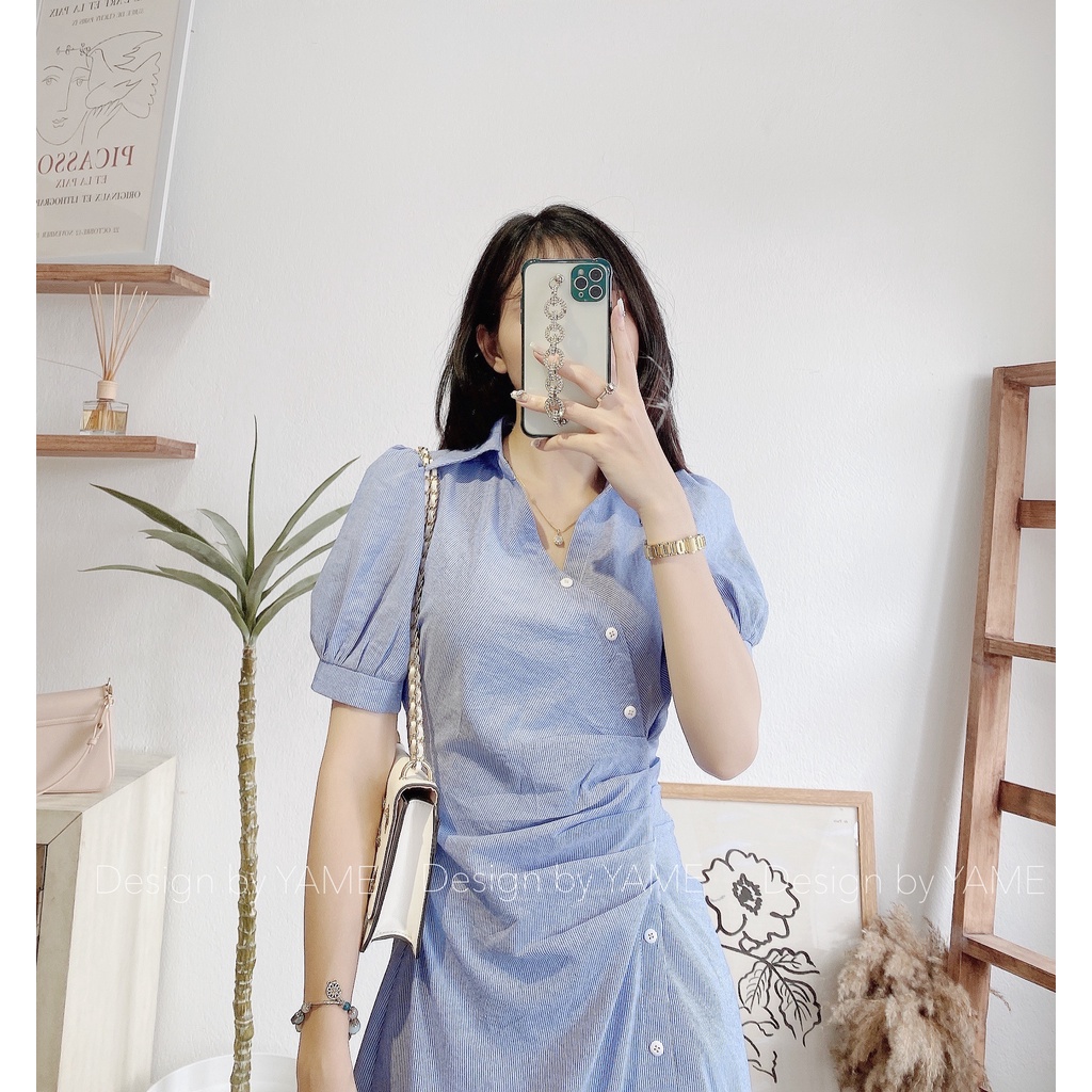 Váy sơ mi nhún eo tay bồng cách điệu lịch sự nhã nhặn YAME