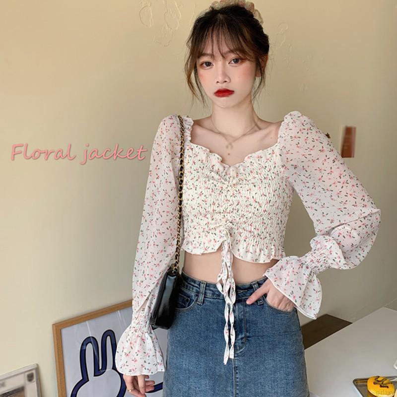 Áo kiểu trễ vai họa tiết hình hoa dễ thương cho nữ | BigBuy360 - bigbuy360.vn