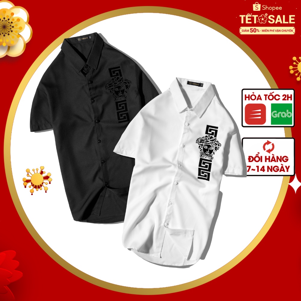 Áo Sơ Mi Nam Tay Ngắn, Áo sơ mi phối họa tiết màu Trắng Đen dáng ôm thời trang nam - F104-1