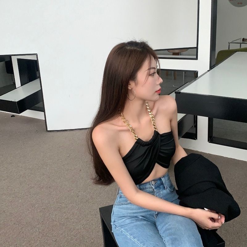 Jiashucheng Áo Hai Dây Dạng Ống Nhỏ Màu Đen Phối Dây Xích Phong Cách Âu Mỹ Quyến Rũ Dành Cho Nữ Mặc Ngoài Trời