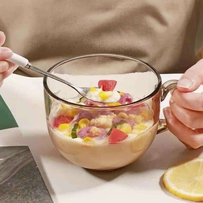 Set 2 ly thủy tinh có quai màu hổ phách, cốc thủy tinh uống sữa ăn salads 470m