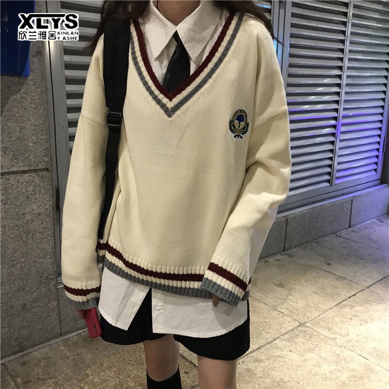 Áo sweater chui đầu XINLANYASHE tay dài dáng rộng cổ chữ V phong cách đại học mới cho nữ