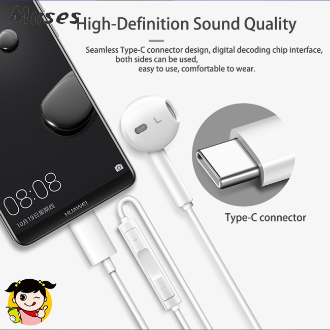 Muse07 Dây tai nghe cổng Type C với micro và nút chỉnh âm thanh tiện dụng cho Huawei P20 Pro Mate 10