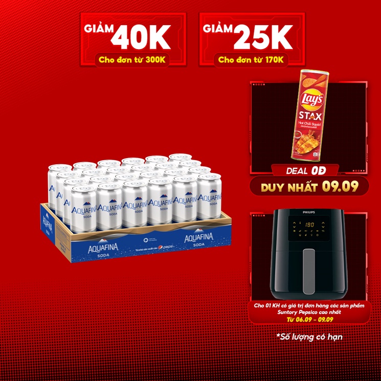 Thùng 24 Lon Nước Uống có Gaz Aquafina Soda (320ml/lon)