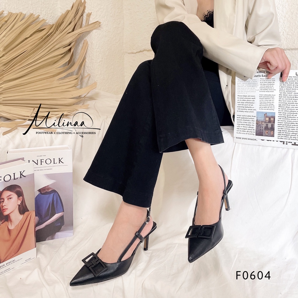 GIÀY CAO GÓT NỮ SLINGBACK GÓT NHỌN 7P BÍT MŨI PHỐI KHÓA 2 Ô VUÔNG DA MỀM F0604