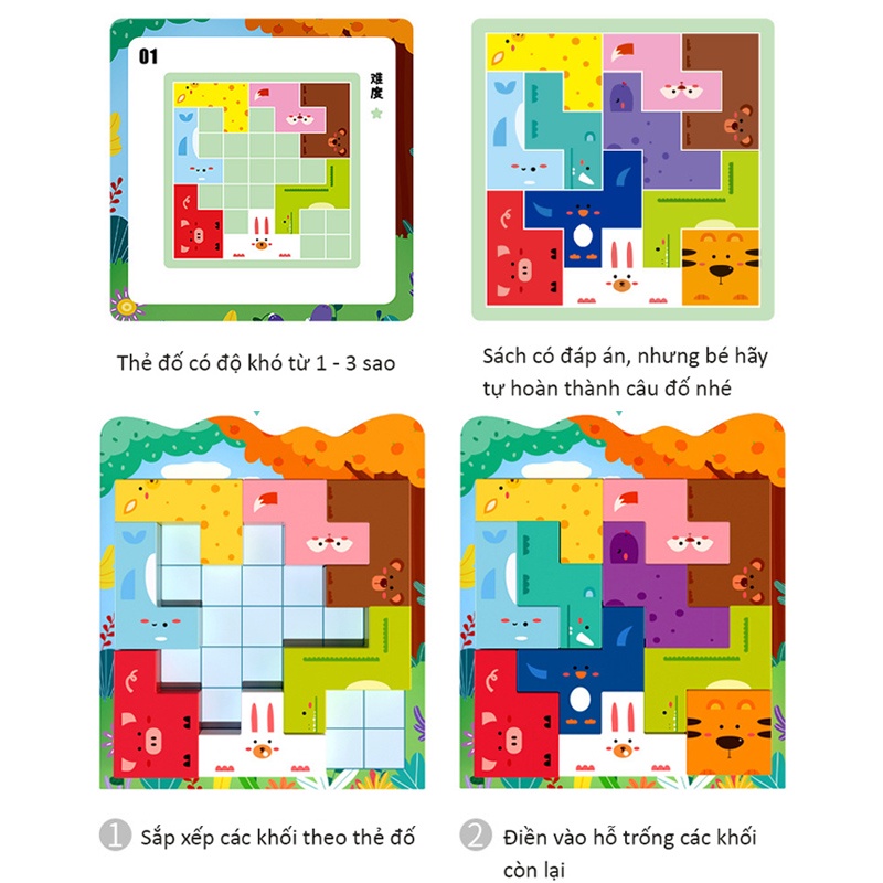 Bảng Xếp Hình Gỗ Nam Châm Tetris - Ghép Hình Động Vật Logic Phát Triển Trí Tuệ Cho Bé