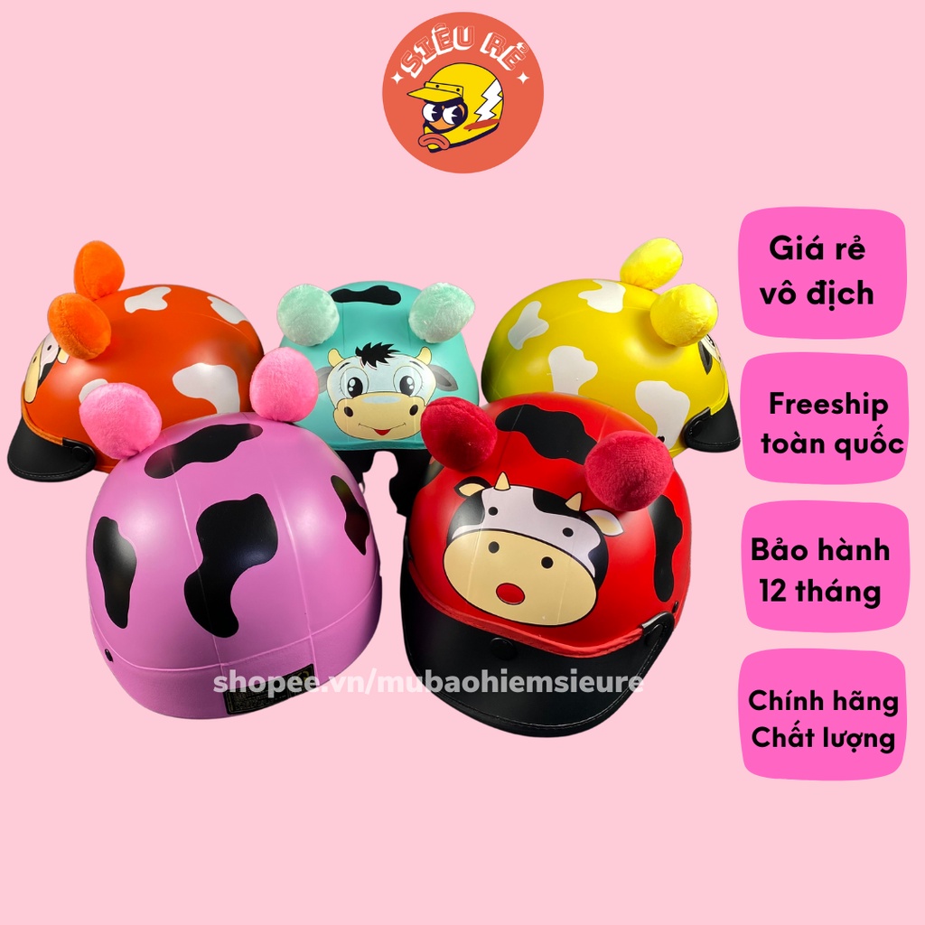 Mũ bảo hiểm cho bé sticker bò sữa đáng yêu gắn lưỡi trai bằng da , Mũ bảo hiểm cho bé bò sữa chính hãng đa dạng màu sắc