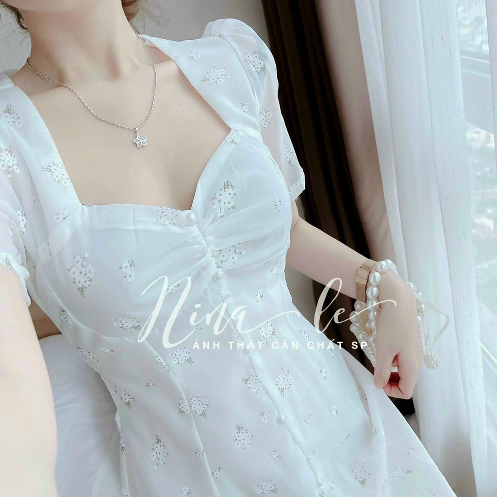 [8.8 Sales Freeship] Đầm công chúa tay phồng, đầm midi trắng xòe in hoa nhún ngực phối nút xẻ tà sang chảnh