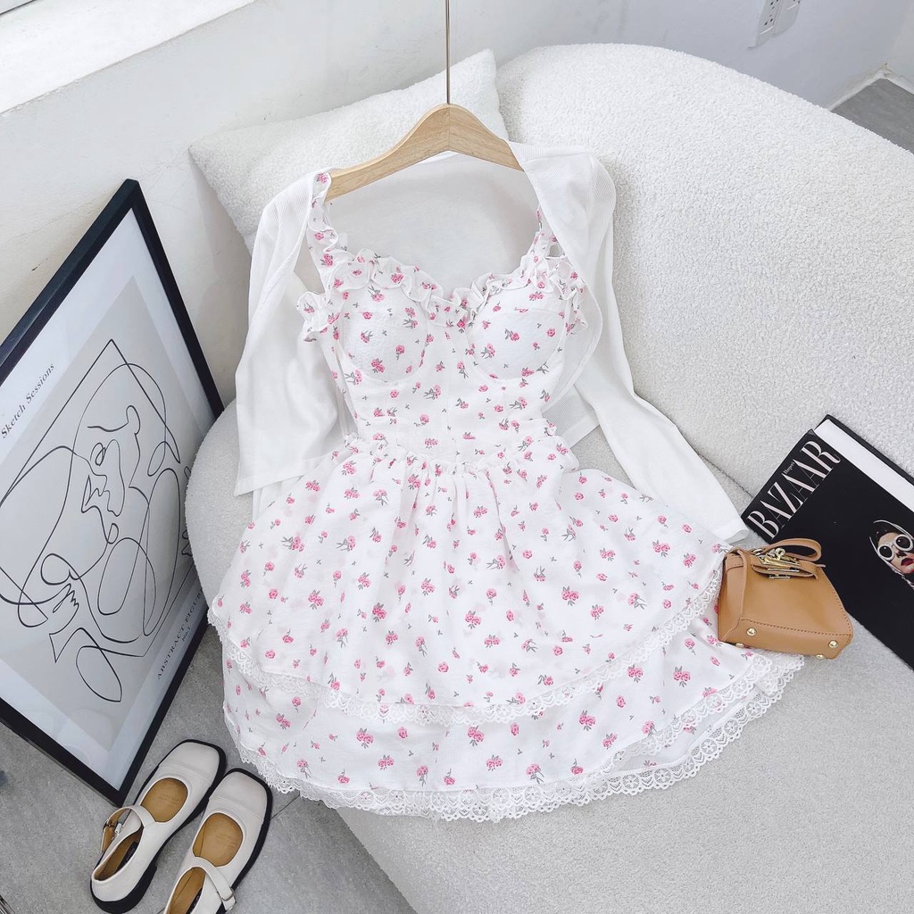 SET ĐẦM 2S HOA VIỀN BÈO NGỰC KÈM KHOÁC CROP TRẮNG