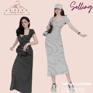 Free Ship- Đầm Body dáng dài Maxi Nữ Sọc Vằn có cúc chất Thun Gân dày mịn