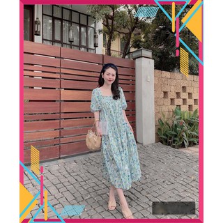 Váy hoa xanh dài baby doll, Váy bbd dáng xuông maxi đuôi cá