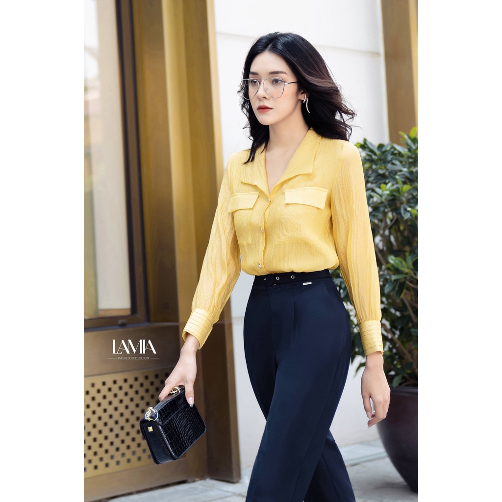 Áo sơ mi lụa vàng họa tiết LUXA002 Lamia Design