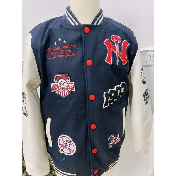 ÁO KHOÁC MLBNY BOMBER 1903 TAY DA TRẮNG - ÁO VARSITY NAM NỮ UNISEX - HÀNG CÓ SẴN
